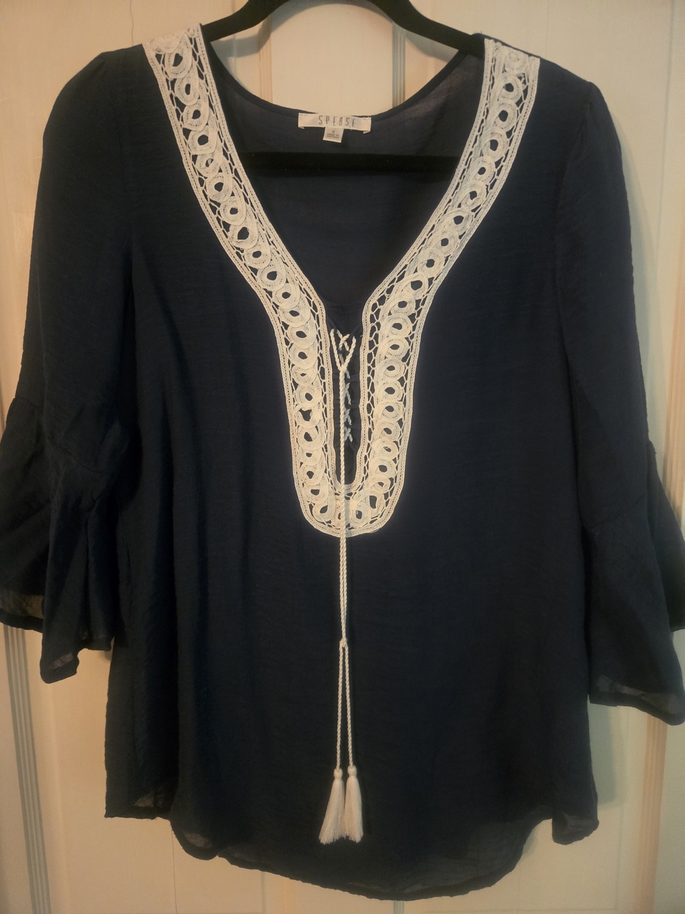 Navy Peasant Blouse with White Lace Trim